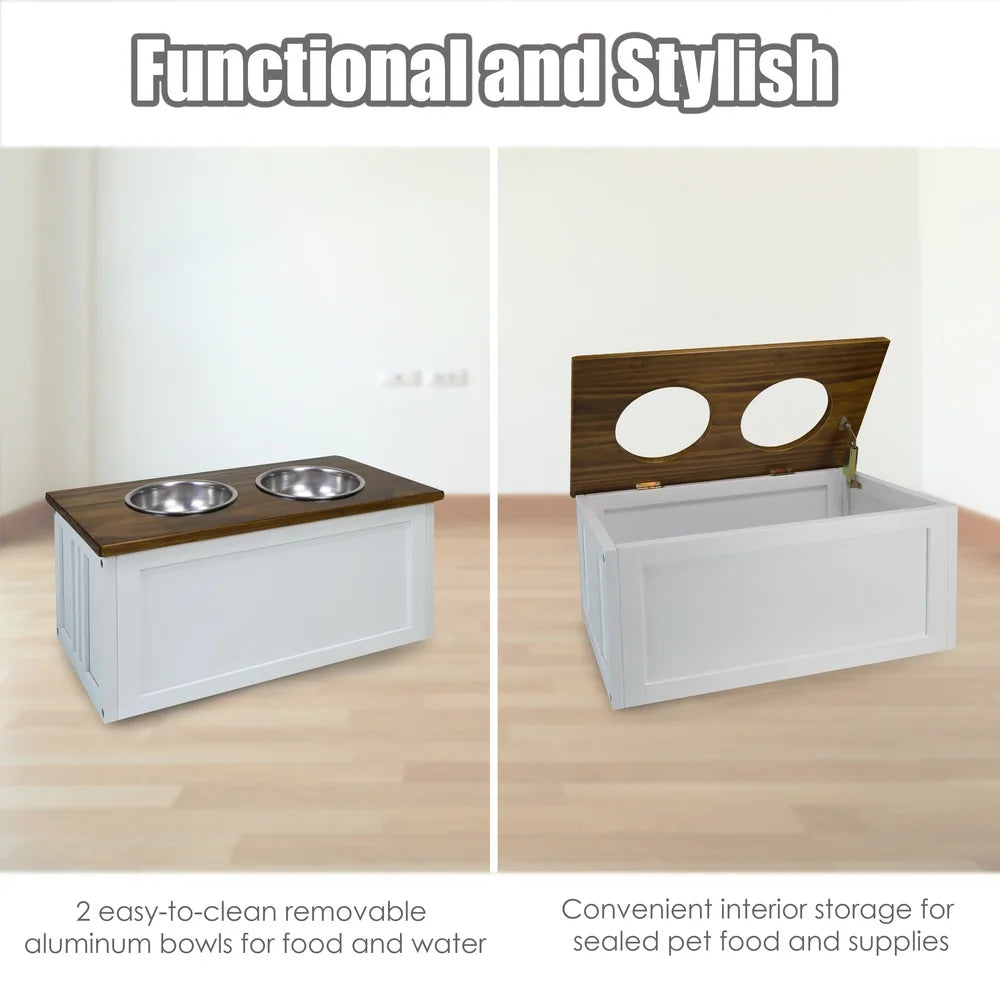 Solid Wood Pet Feeder Stand With Storage