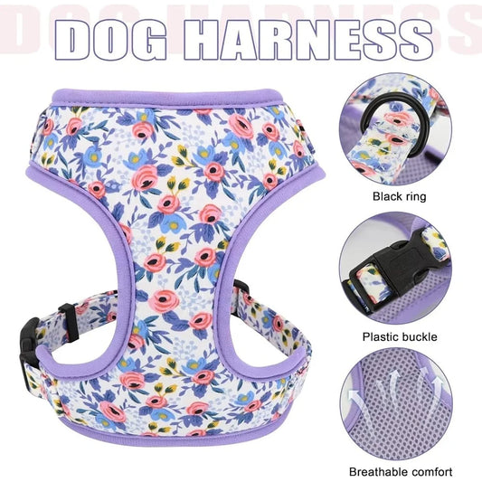 Cute Adjustable Floral Dog Harness - Leash, Collar