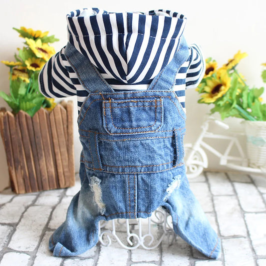 Hooded Classic Denim Jumpsuit - Medium Small Dogs