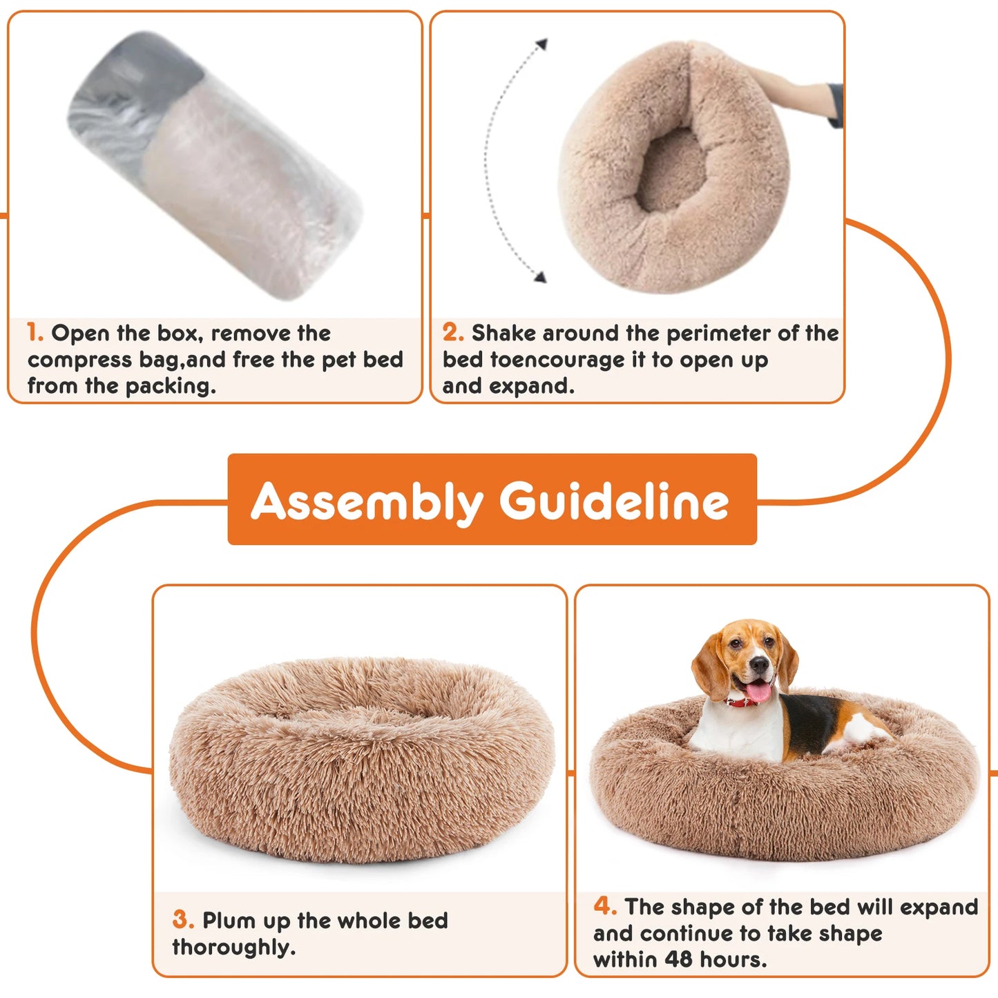 Round Plush Dog Bed - Calming, Washable, Anti-Slip,