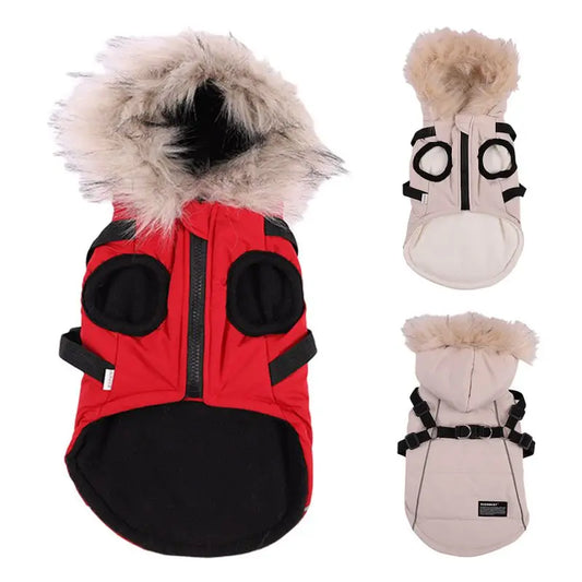 Warm Hooded Jacket With Harness For Dogs