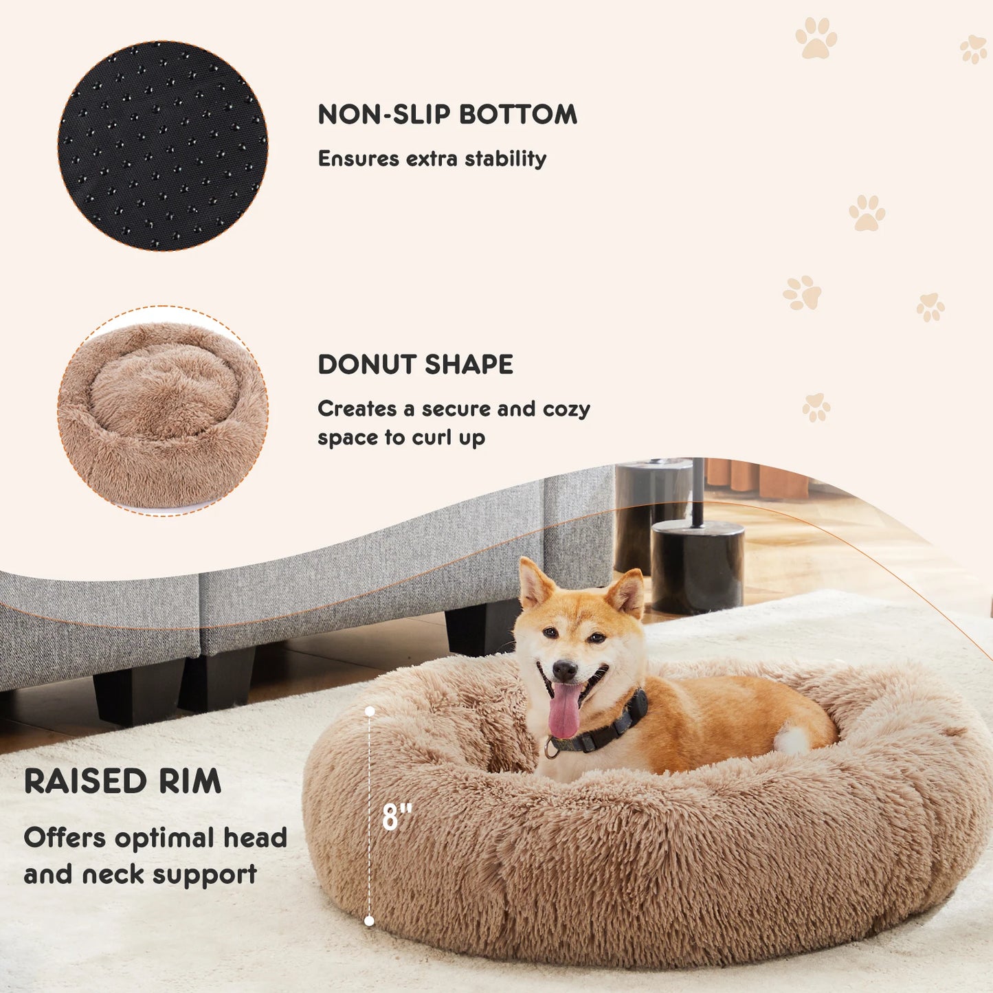 Round Plush Dog Bed - Calming, Washable, Anti-Slip,