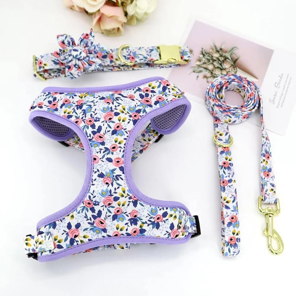 Cute Adjustable Floral Dog Harness - Leash, Collar