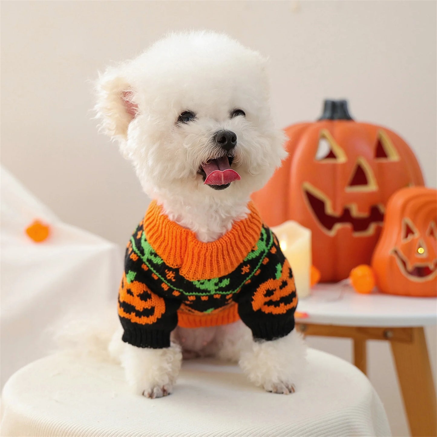 Halloween Ghost Pumpkin Knitted Sweater - Small Pets