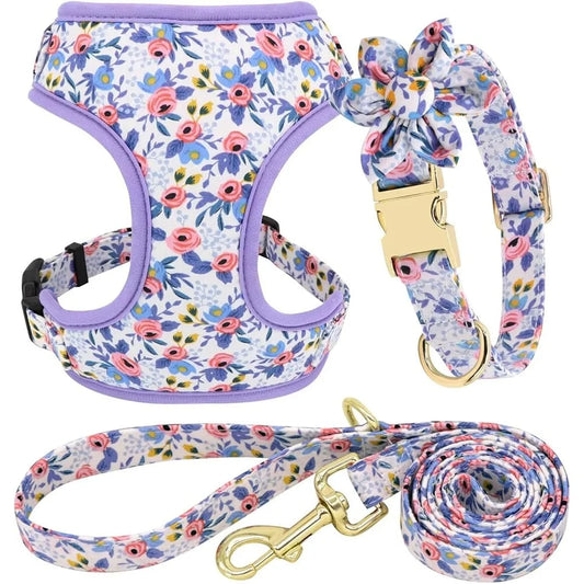 Cute Adjustable Floral Dog Harness - Leash, Collar