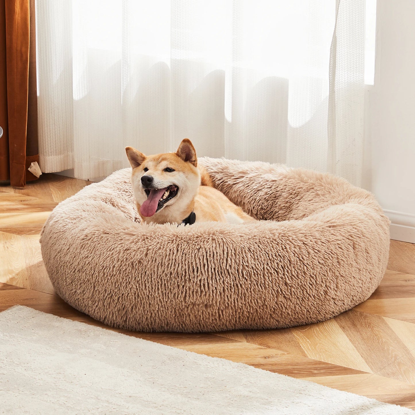 Round Plush Dog Bed - Calming, Washable, Anti-Slip,