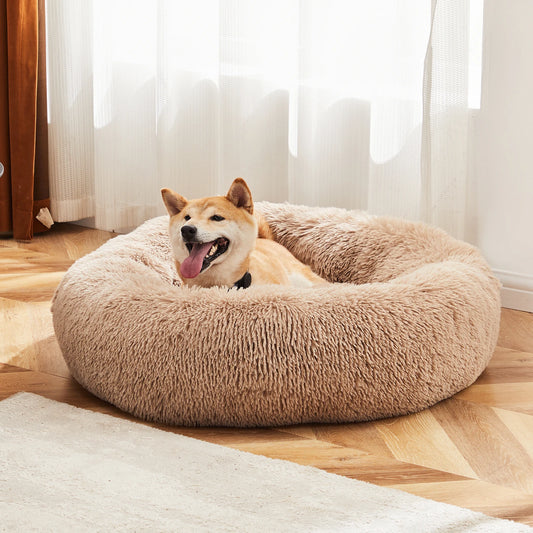 Round Plush Dog Bed - Calming, Washable, Anti-Slip,