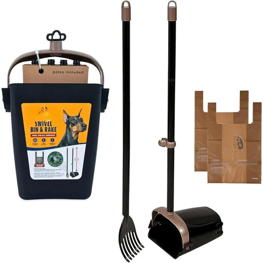 Pooper Scooper Swivel Bin With Rake, Black