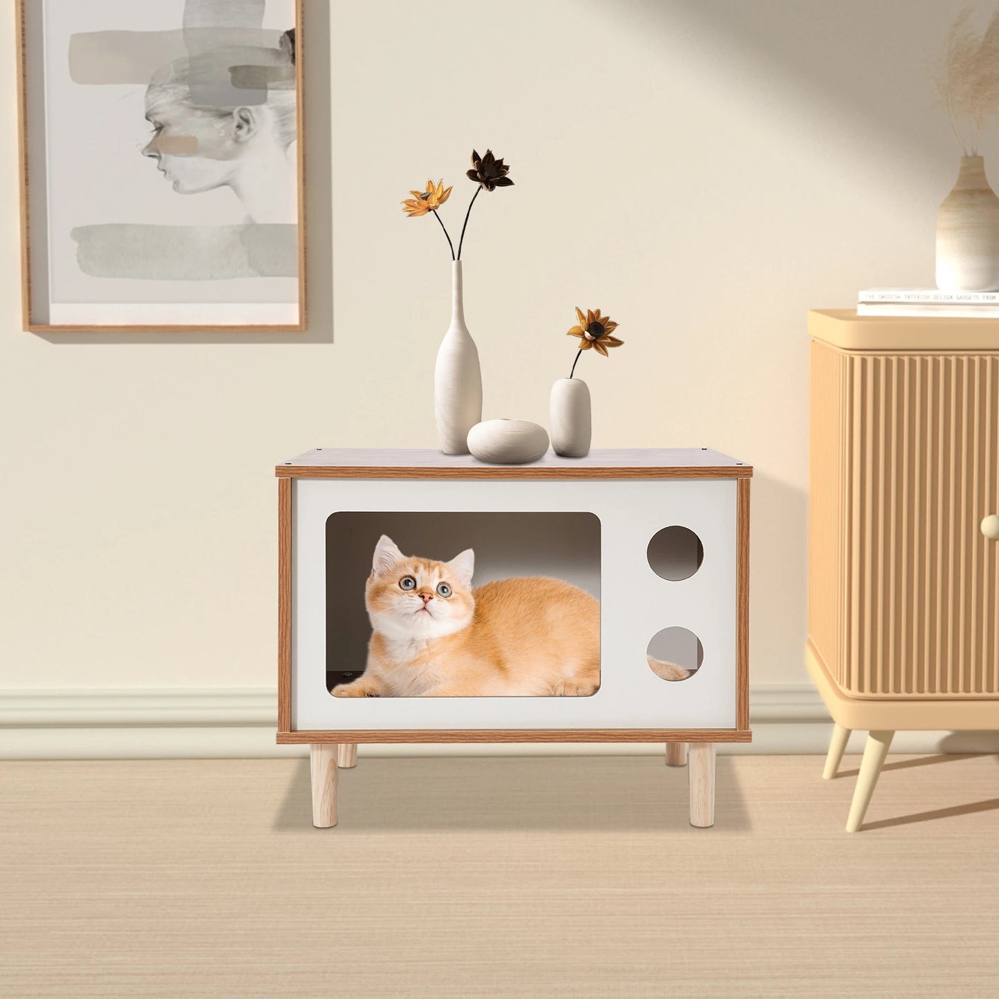 Wooden TV-Shaped Cat Bed, Wear-Resistant
