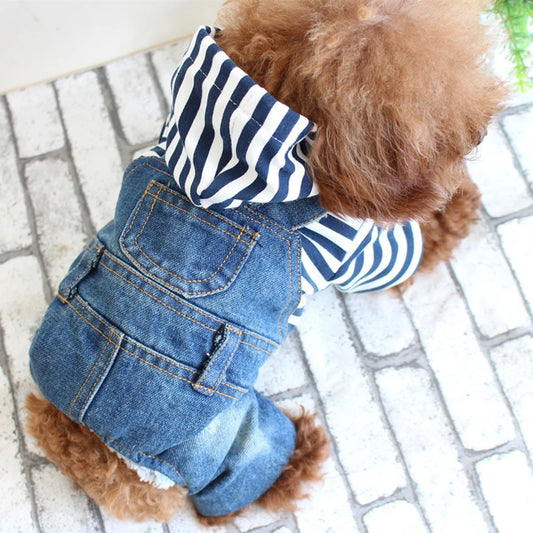 Hooded Classic Denim Jumpsuit - Medium Small Dogs