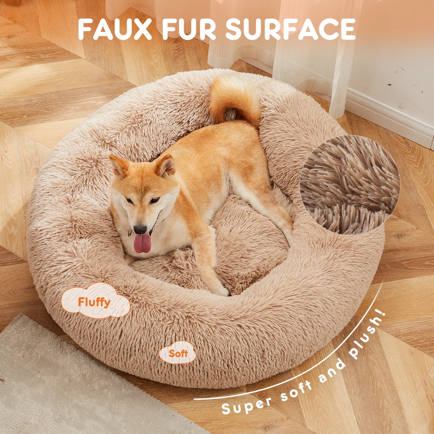 Round Plush Dog Bed - Calming, Washable, Anti-Slip,