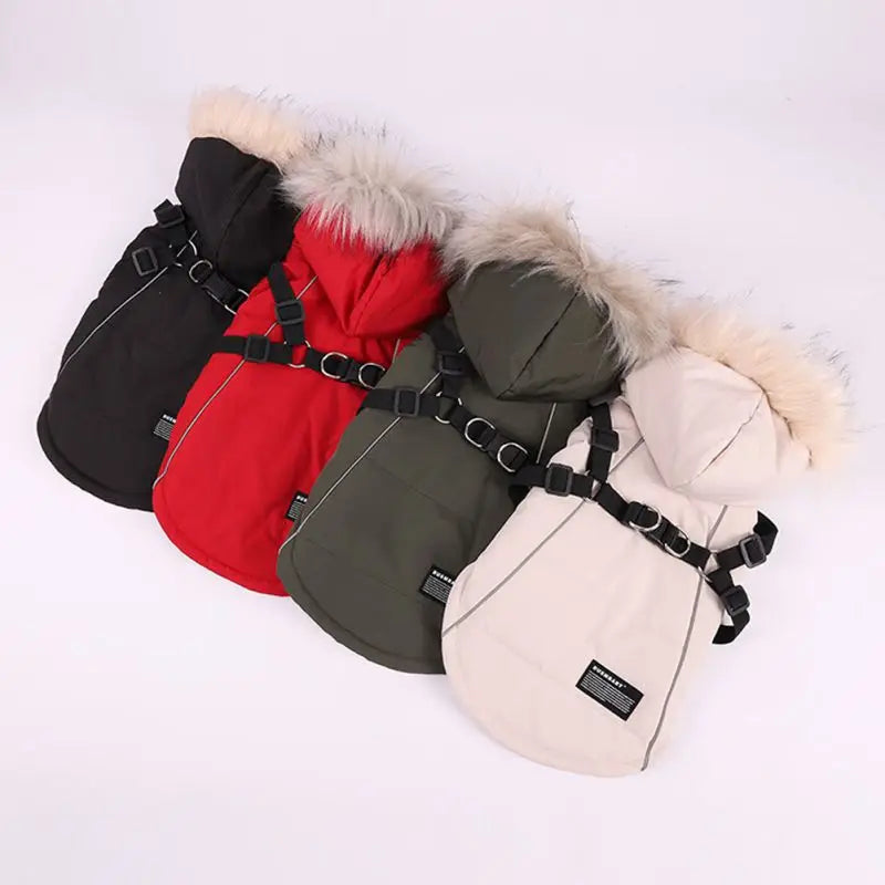 Warm Hooded Jacket With Harness For Dogs