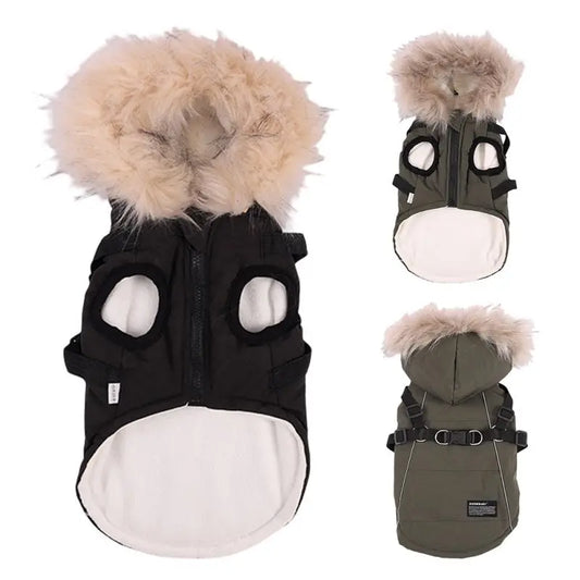 Warm Hooded Jacket With Harness For Dogs